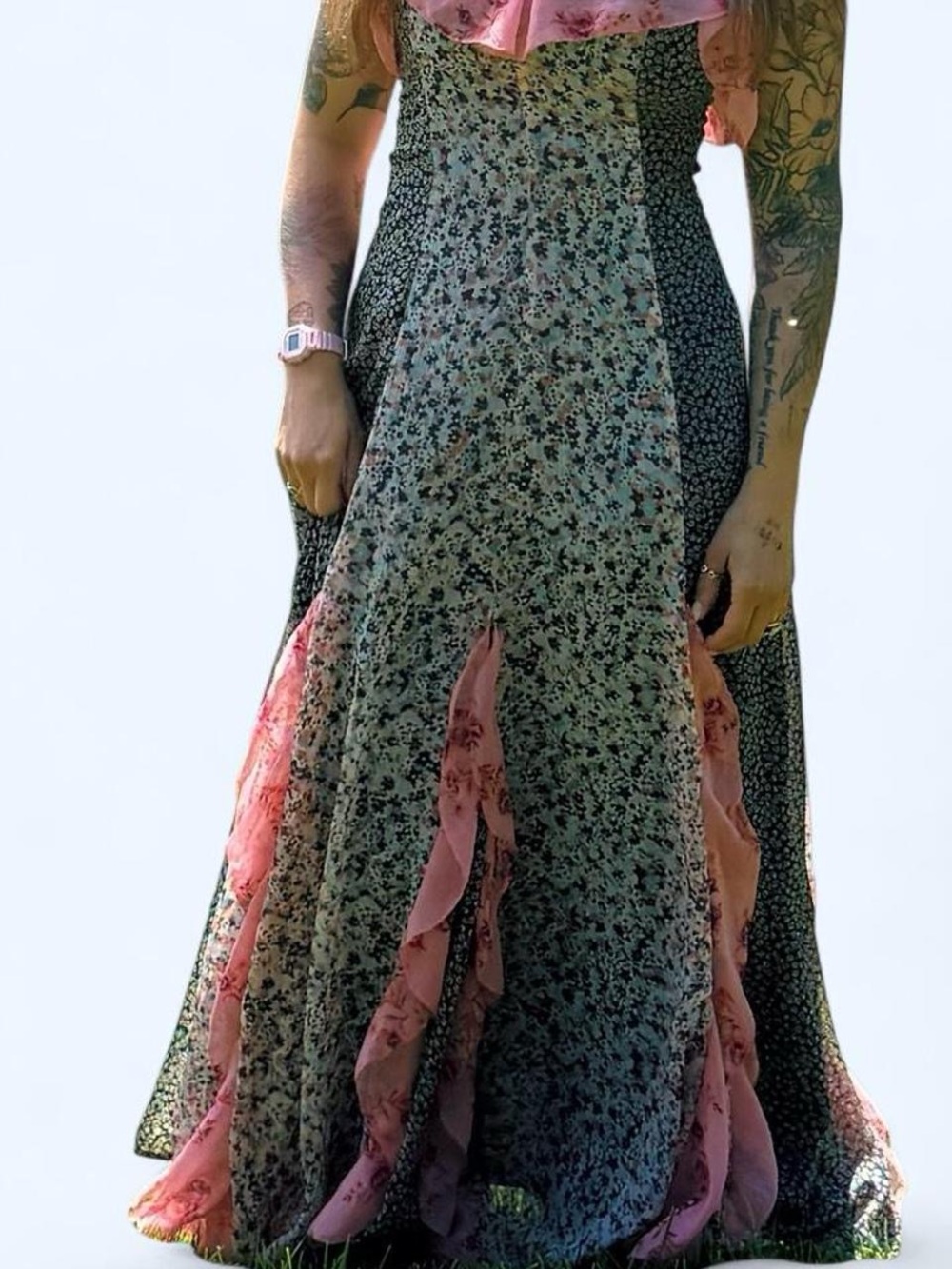Anthropologie Floral Maxi Dress with Pink Ruffle Accents